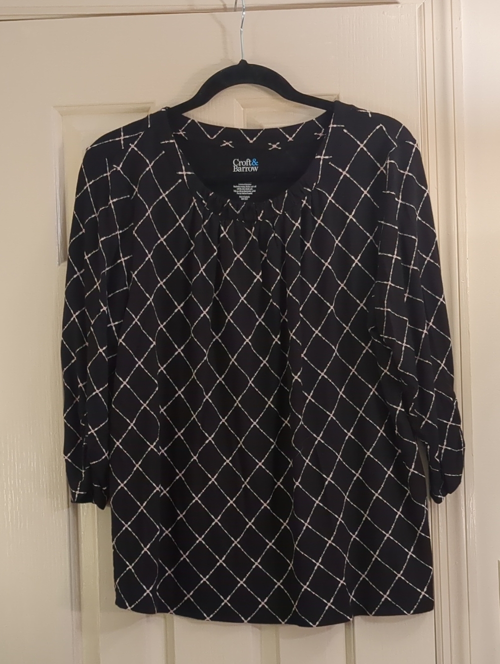 croft & barrow Black Blouse with White Windowpane Pattern
